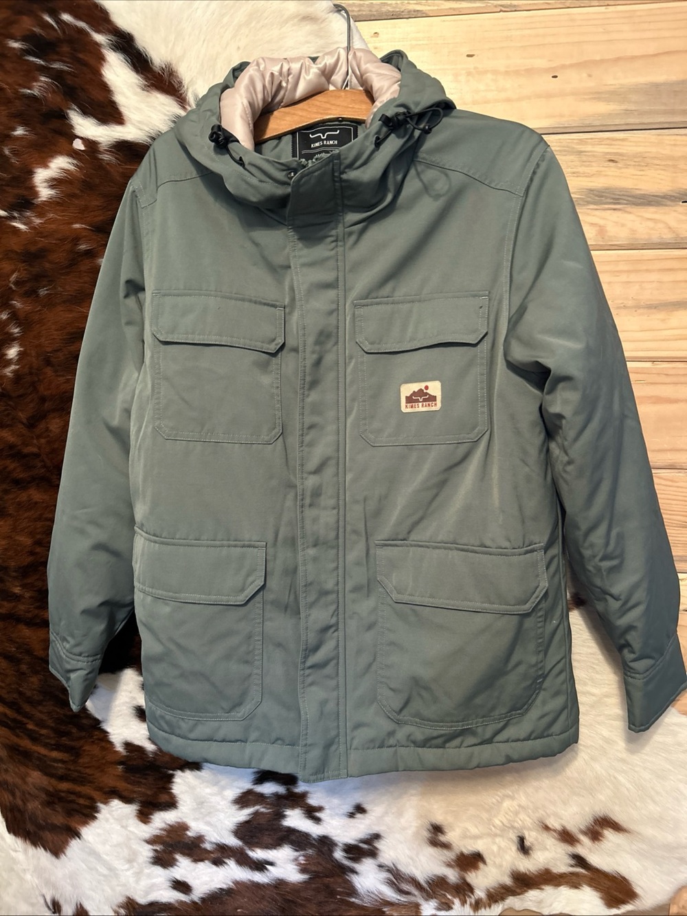 Kimes Ranch Men’s Hooded Jacket Medium Green Mid-Length Pockets Zip Front Lined